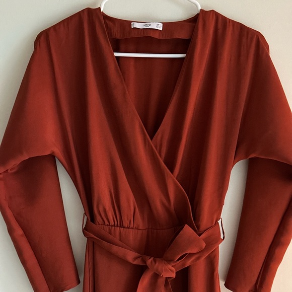 Mango Rust Wrap Midi Dress Long Sleeve Belted — Size S - Picture 6 of 14